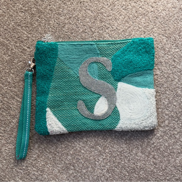 America & Beyond Monogram Pouch Beaded “S” Tufted Embroidery Clutch Wristlet